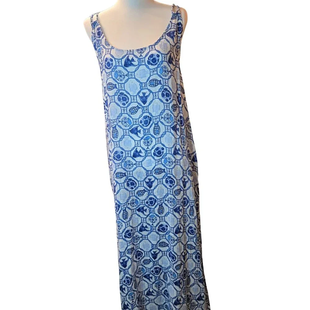 ISAAC MIZRAHI Women Linen Blend Long Dress w/ Pockets / Coverup Sz: XL Blu/Wht